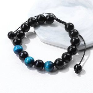 10mm Black Natural Stone & Blue Tiger's Eye Beaded Adjustable Rope Bracelet NEW
